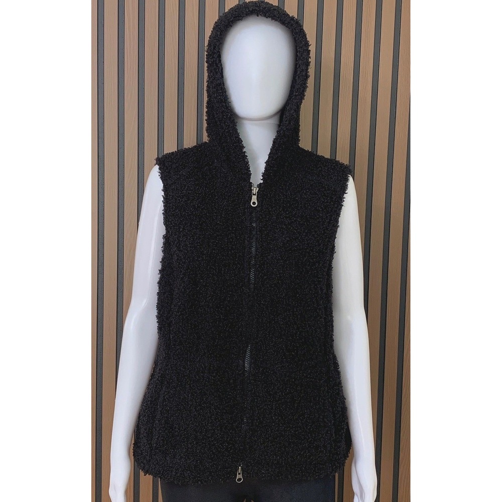 J. Jill Women's Black Sherpa Fleece Hooded Vest Full Zip Boucle Jacket L